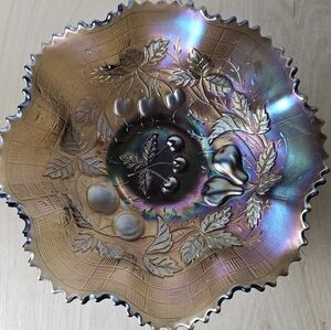 Vintage Northwood Three Fruits Basketweave Fiery Amethyst Glass Bowl